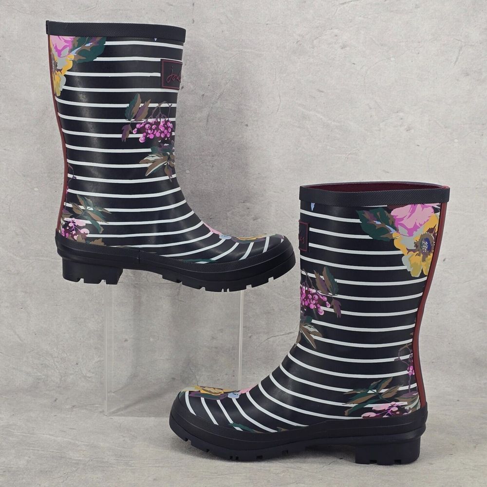 New Joules Rain Boots Mid Calf Molly Welly Navy Stripes Flowers Size US: 6 UK: 4 - Picture 7 of 15